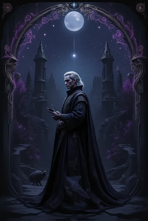 A transcendent portrait of an illuminated Dark Lord rendered in baroque gothic splendor, his perfectly trimmed silver hair swept back in aristocratic waves from noble temples, the short precise cut emphasizing his sharp cheekbones and strong jaw, creating ...