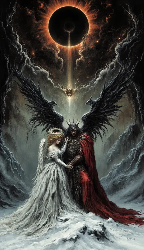 Mediebal gothic art nouveau tableau depicted with surreal majesty and extremely high detail of a veryy isolated scene on a frozen mountain in Wallachia lying in the middle of the dense primeval forests there. Dracula, the Voivode of that country, is seen...