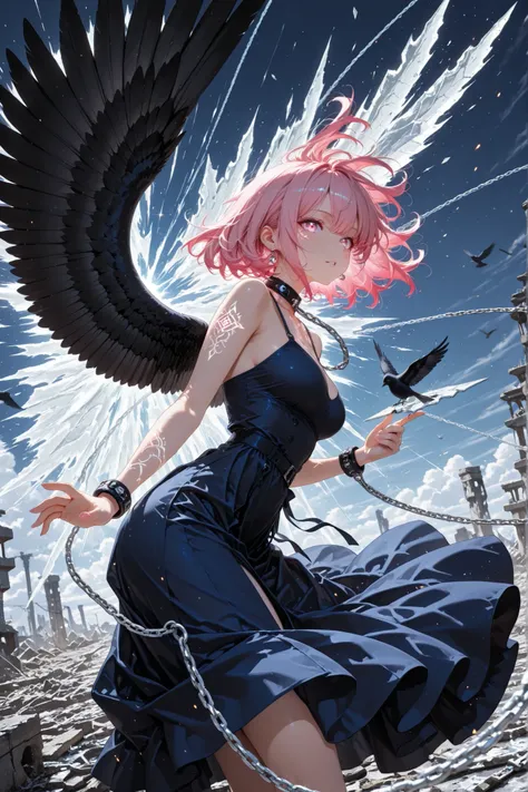 masterpiece, best quality, ultra detailed, highres, dynamic cinematic composition, viewed from side, (a black-skinned) beautiful woman with vivid pink hair and glowing pink eyes, (a navy dress), the dress fluttering violently in the wind, large (black bir...
