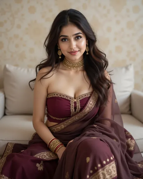 anaswarasdxl, Full body image of a 20 year old Indian girl with smiling look, fair skin tone, light grey eyes, fox eyelashes, thin eyebrows, black eye liner, silver eyeshadow, natural blush, and red lipstick. Her hairs are long, brown, wavy and stylish. Sh...