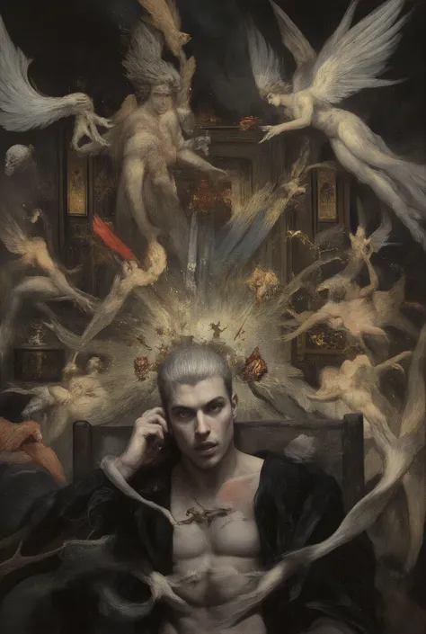 Dark fantasy illustration. Medium shot. A handsome 30-year-old man with aquiline features, blue eyes, and close-cut silver hair, desperately trying to call his girlfriend on his phone, surrounded by angels and devils running amok. Close-up. Inspired by th...