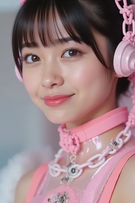 (Closeup of her smile)、(Draw only the face)、(Highest Quality, High Precision, masterpiece:1.2), (a robot with a white chain)、(a thick white chain)、detail, realistic:1.37,(perfect anatomy)、lingerie bondage style , on suspenders with a complicated white chai...