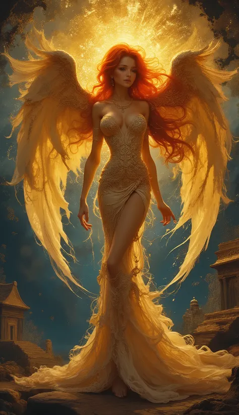 Surreal, otherworldly illustration against a dark elven sunset in the style of Karol Bak. A unique masterpiece. Gil Elvgren's angelic fantasy style, fantasy angelic image ((mid-ground)), red orange fire hair, tight golden gown with intricate designs, large...