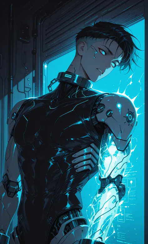 moody lighting, dramatic shadows, bloom lighting, colored shadows, (masterpiece, best quality:1.3), sci-fi, cyberpunk, neon noir, 1male,
A cyborg or enhanced individual is in a sterile, white detention cell. Their cybernetic limbs are disabled by (shackles...