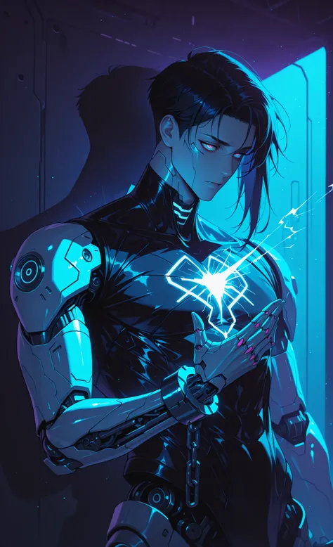 moody lighting, dramatic shadows, bloom lighting, colored shadows, (masterpiece, best quality:1.3), sci-fi, cyberpunk, neon noir, 1male,
A cyborg or enhanced individual is in a sterile, white detention cell. Their cybernetic limbs are disabled by (shackles...