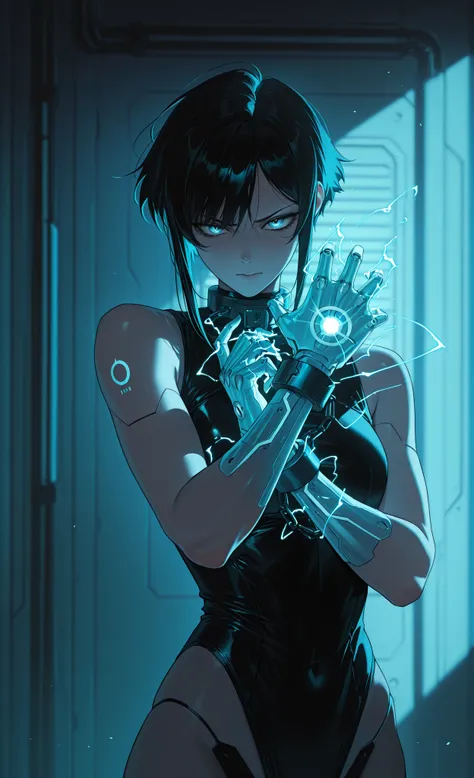 moody lighting, dramatic shadows, bloom lighting, colored shadows, (masterpiece, best quality:1.3), sci-fi, cyberpunk, neon noir,
A cyborg or enhanced individual is in a sterile, white detention cell. Their cybernetic limbs are disabled by (shackles of pur...