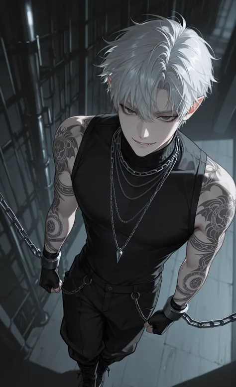 moody lighting, dramatic shadows, bloom lighting, colored shadows,(masterpiece, best quality, ultra-detailed:1.3), anime style, dark edgy aesthetic, stylized art, clean lines,
1male, pale-skinned, (white spiky hair), (alluring expression), slight smirk, d...