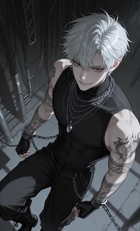 moody lighting, dramatic shadows, bloom lighting, colored shadows,(masterpiece, best quality, ultra-detailed:1.3), anime style, dark edgy aesthetic, stylized art, clean lines,
1male, pale-skinned, (white spiky hair), (alluring expression), slight smirk, d...