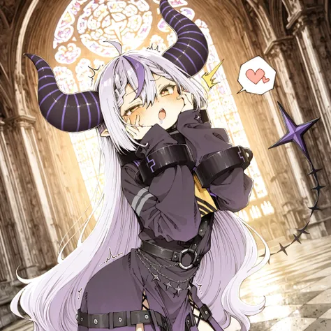 ((Abara Heiki style)), ((Laplus Darknesss)), ((Masterpiece)), ((best quality, amazing quality)), ((very aesthetic, absurdres, newest)), (backlighting), ((detailed background, negative space, blurry background, depth of field, Asymmetrical background)), (dy...