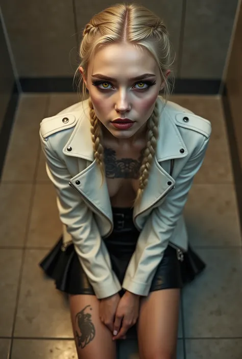 (photorealistic, shart focus) slender goth school girl, 18 y/o, kneeling in a clean luxurious restroom, knees spread wide, hands resting on thighs, very pale skin, bleached white hair, completely covered in intricate dark tattoos, looking contentedly up at...
