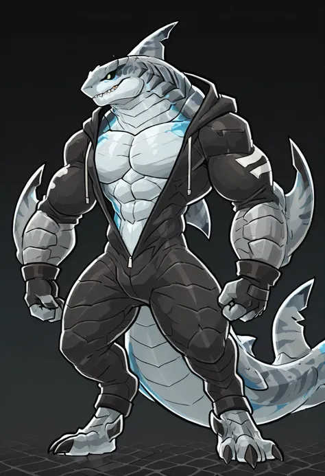 sharkman, anthro kohalasaurus, darker hands and fins, black back, solo, big arms, bara, bulky, detailed skin, lizard shark hybrid, anthro, closed mouth, detailed scalie skin, scalie arms, fins on arms, gray color body, beefy, thick scales on arms, digitigr...