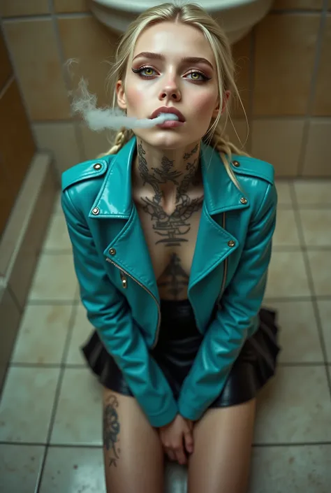 (photorealistic, shart focus) slender goth school girl, 18 y/o, kneeling in a clean luxurious restroom, knees spread wide, hands resting on thighs, very pale skin, bleached white hair, completely covered in intricate dark tattoos, looking contentedly up at...