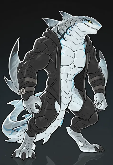 sharkman, anthro kohalasaurus, darker hands and fins, black back, solo, big arms, bara, bulky, detailed skin, lizard shark hybrid, anthro, closed mouth, detailed scalie skin, scalie arms, fins on arms, gray color body, beefy, thick scales on arms, digitigr...