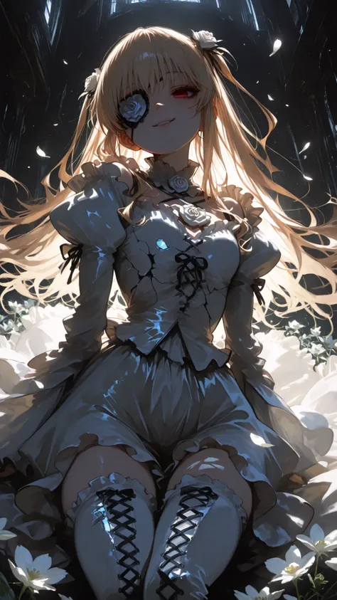 1girl , solo , Rozen Maiden , A girl covers one eye with white flowers, Like an eyepatch , tilts its head , empty eyes with murky noises , Malicious Smile , madness , cute , white dress , white thigh high boots, Dynamic Poses , A world covered in cracked ...