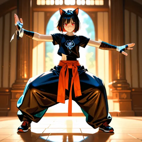 semi realism, big eyes, small breasts, thin fabric, cropped black t-shirt, detailed portrait, beautiful woman, elegant pose, moody atmosphere, warm lighting, cinematic, intricate details, realistic skin, fine-art photography, digital painting, 8K, high res...