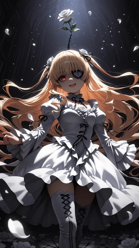 1girl , solo , Rozen Maiden , A girl covers one eye with white flowers, Like an eyepatch , tilts its head , empty eyes with murky noises , Malicious Smile , madness , cute , white dress , white thigh high boots, Dynamic Poses , A world covered in cracked ...