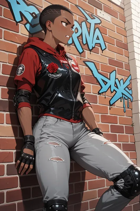 1girl, tomboy, dark skin, dark-skinned female, brown eyes, black hair, (buzz cut), red hoodie, leather vest, black vest, biker, grey jeans, fingerless gloves, strong, small breast, indoors, against wall, red patches, rose patch on vest, punk gloves, brick ...
