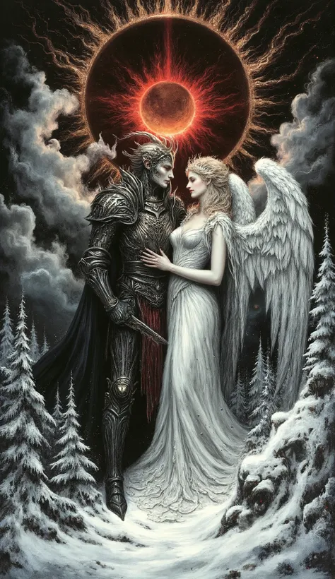 Mediebal gothic art nouveau tableau depicted with surreal majesty and extremely high detail of a veryy isolated scene on a frozen mountain in Wallachia lying in the middle of the dense primeval forests there. Dracula, the Voivode of that country, is seen...