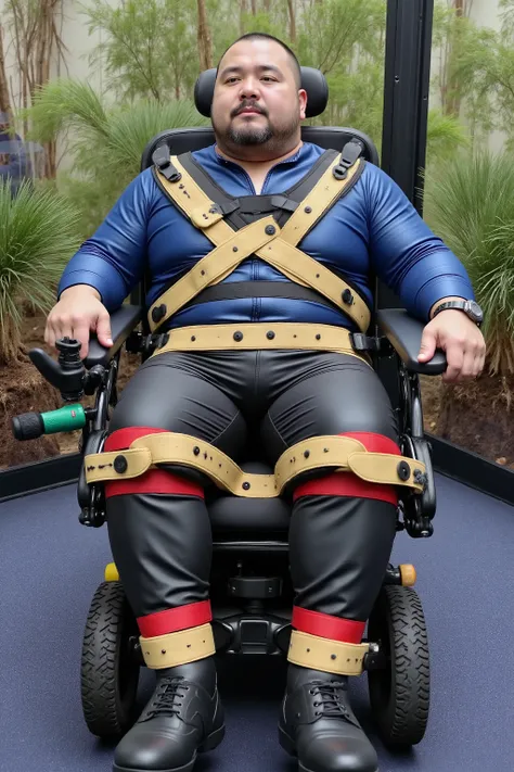 a 58 year old asianflux man that has a large belly and arms with a double chin, wearing a shiny blue polished leather biker jacket, wearing black polished leather jeans, seguflux restraint belts are wide red straps against his ankles that hold his legs to ...