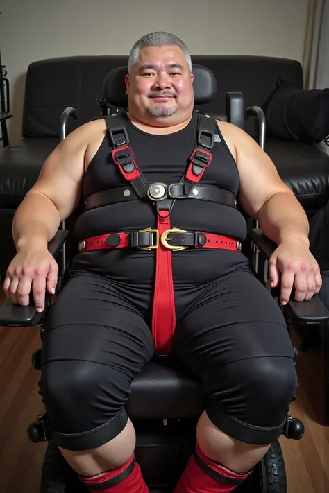 wide angle image of a 84 year old ugly fat asianflux man with ugly wrinkles on his face and chin, sweaty wet arms, wearing a black rubber tank top, wearing polished black rubber pants, wearing a red latex belt with a silver buckle, wearing red boots, sitti...