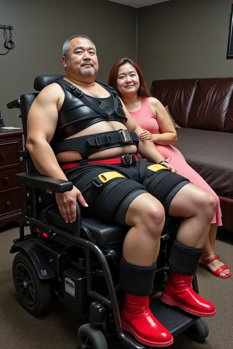 wide angle image of a 84 year old ugly fat asianflux man with ugly wrinkles on his face and chin, sweaty wet arms, wearing a black rubber tank top, wearing polished black rubber pants, wearing a red latex belt with a silver buckle, wearing red boots, sitti...