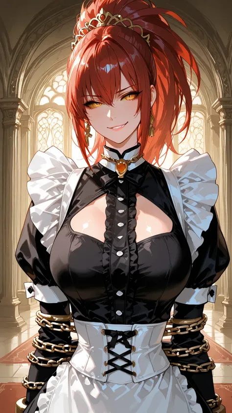 solo, LNHDRNKOF, red hair, big hair, long hair, ponytail, (Eyes twisted by dark corruption, where pupils once were, now only a sickly, solid yellow retina and sclera), indoor, smirk, indoor, evil, corruption, mature woman, Tight waist、Small waist、shiny Ski...