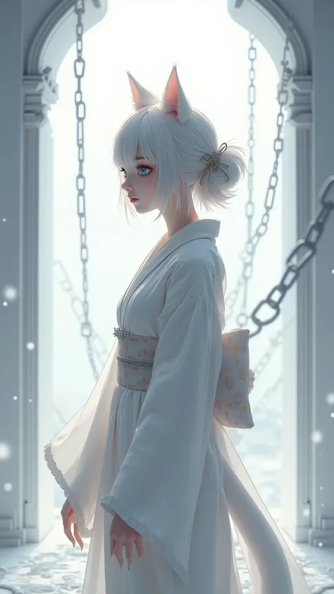 high-definition images、cat girl trapped in a white castle、wearing a kimono、white wall on white chain
