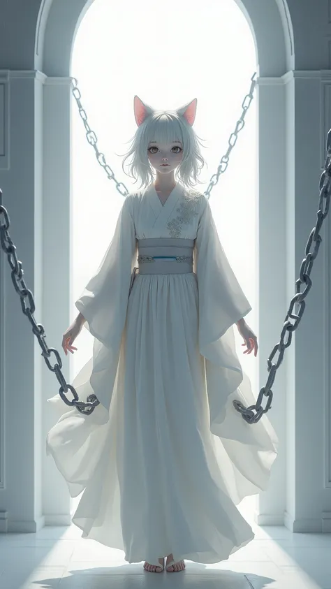 high-definition images、cat girl trapped in a white castle、wearing a kimono、white wall on white chain