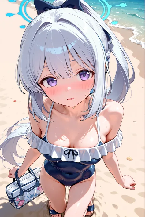 ((1 girl)),miyako-swim,miyako \(blue archive\),loli,purple eyes, white hair,long hair,ponytail,halo,one-piece swimsuit,frills,sandals,blush,medium breasts,focus breasts,zoom face,from above,in beach,masterpiece,Highest Quality,Very Detailed,Ultra High Defi...