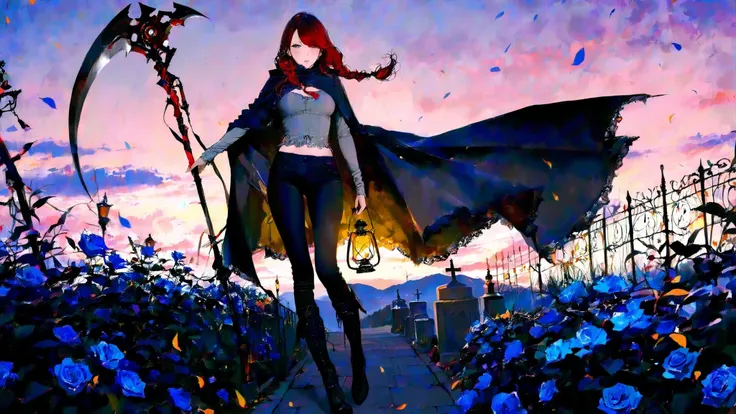 maorix,(masterpiece, best quality, ultra detailed, cinematic lighting, 16:9 aspect ratio)
Solo focus, Kaylen Levestrum stands alone in Meadowmire Cemetery at twilight. Long dark-red hair braided loosely, swept bangs, gray eyes calm and stoic. She wears a g...