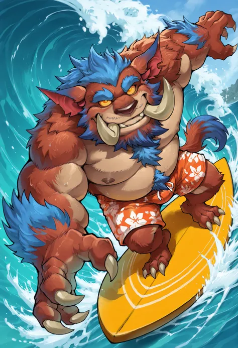 masterpiece, best quality, Kas20241013, high-angle view, dutch angle, solo, male, anthro, musclegut, m3g4gn4r, monster, tusks, yellow eyes, amber sclera, fluffy tail, dipstick tail, claws, swimming trunks, surfing, wave, arms stretched, on surfboard, smug,...