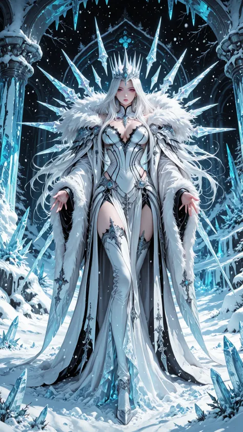 White queen imprisoned with white chains, espressione dolente, snow and ice stalactites