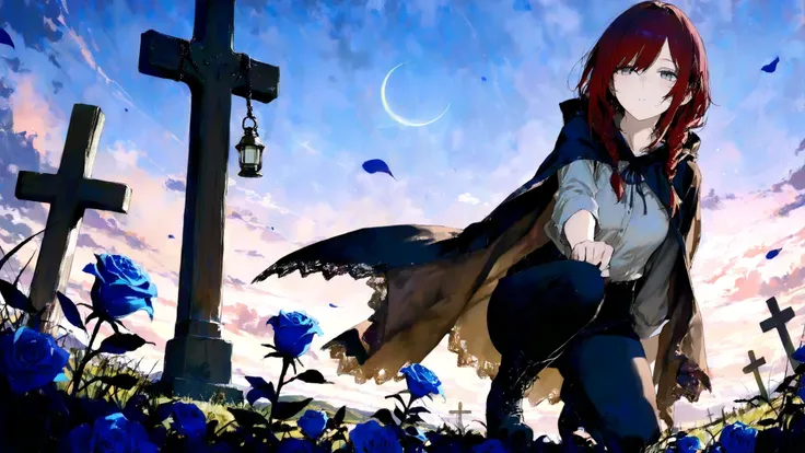 (masterpiece, best quality, ultra detailed, cinematic lighting, 16:9 aspect ratio)
Kaylen Levestrum kneels on one knee beside a weathered gravestone in Meadowmire Cemetery at twilight. Long dark-red hair braided loosely, strands lifted by the wind; calm gr...