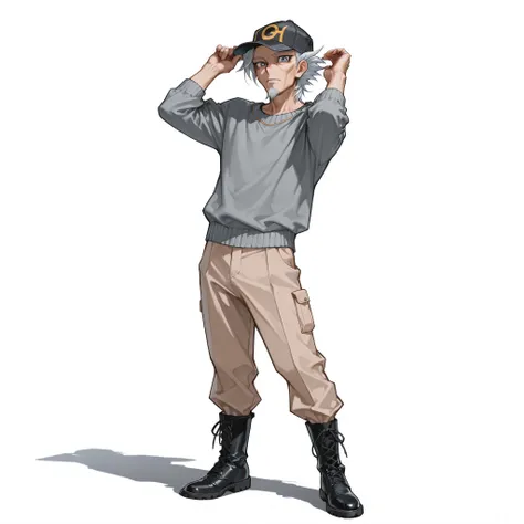 (male), (old man, goatee), (slim body), (short spiky silver hair), (blue eyes), (black baseball cap), (solo), (single character), (full body), (standing pose), (white background), (no background), (highly detailed), (shadow), (detailed outfit), (detailed h...