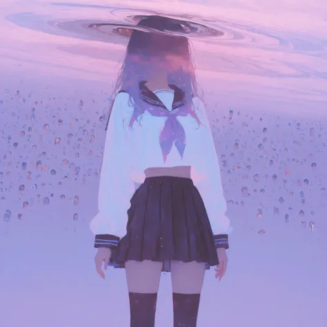 (double exposure:1.5),(blending:1.2),(revealing layer:1.2),masterpiece, newest,absurdres, incredibly absurdres, 7481llu,oil painting \(medium\),  pastel colors,1girl,(surreal:1.6) solo, skirt, school uniform, serafuku, outdoors, long hair, thighhighs, sail...
