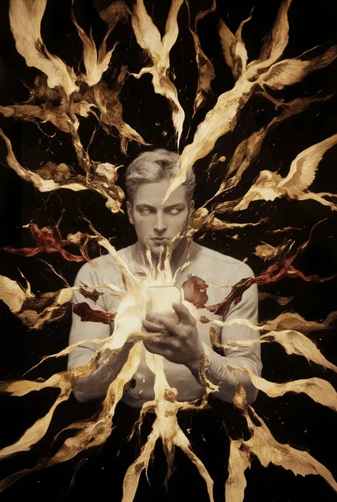 Dark fantasy illustration. Medium shot. A handsome 30-year-old man with aquiline features, blue eyes, and close-cut silver hair, desperately trying to call his girlfriend on his phone, surrounded by angels and devils running amok. Close-up. Inspired by th...