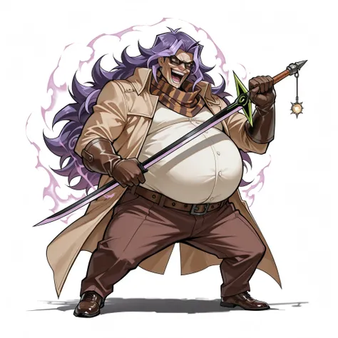 (male), (old man), (short legs), (large arm), (giant character), (giant body), (very fat body), (purple hair), (curly long hair), (no bangs hair), (brown eyes), (villain face), (solo), (single character), (full body version), (white background), (no backgr...