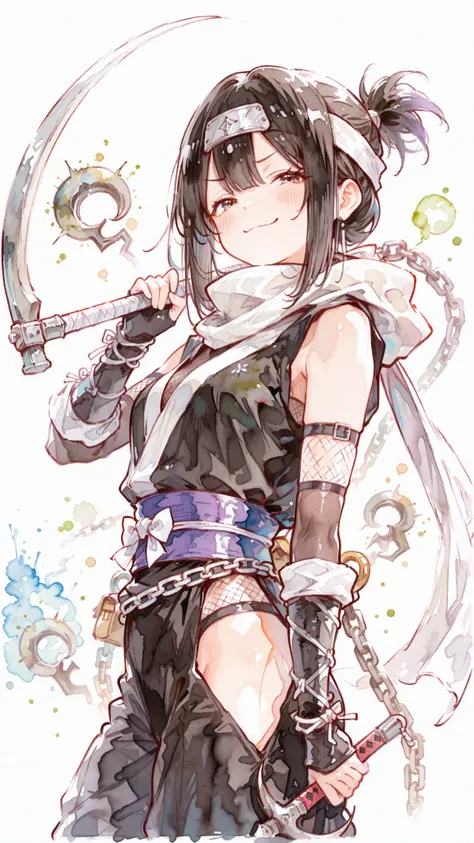 Watercolor-style,pencil art,junior high school student, round face,smug, Ninja ,ninja costume,sickle and chain,white chain sickle,holding,,