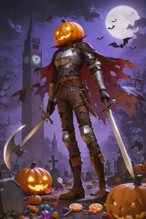 pumpkin_head_scarecrow,Halloween,,solo, 1boy, gloves, armor, holding, standing, full_body, male_focus, weapon sword, outdoors, boots, food, sky, black_gloves, pants, belt, cloud, sword, holding_weapon, cape, armor, tree, torn_clothes, night, brown_footwear...