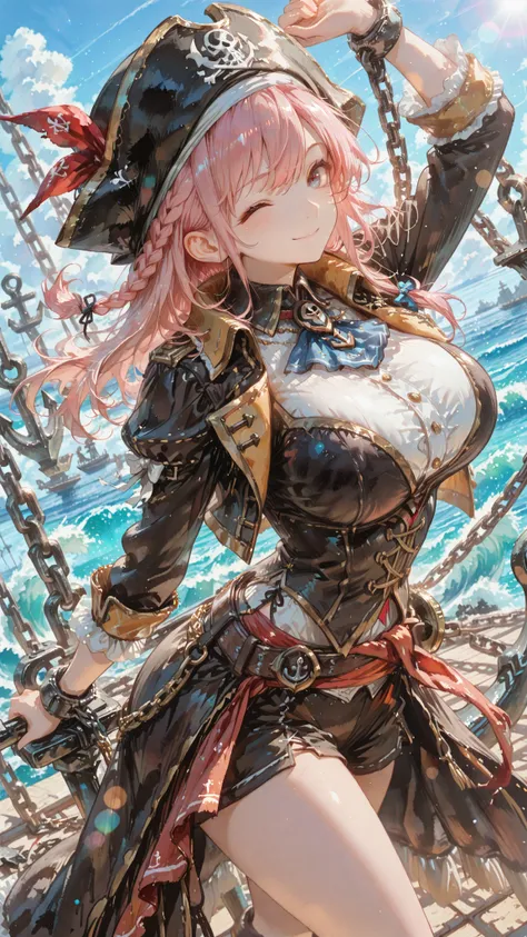 (masterpiece), (Highest Quality), (very detailed), (detail background), (so beautiful), 8k, 32K, high resolution,lens flare, (anime coloring:1.2),Watercolor-style, (anime coloring:1.2),dynamic angle,
girl,pirate costume ,side braid,one eye closed,big breas...