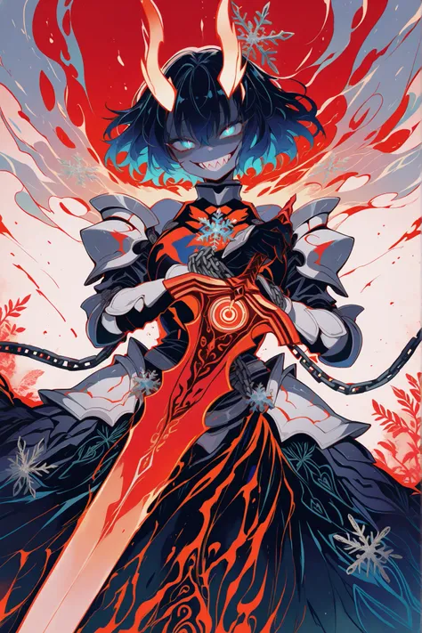 vibrant colors, silhouette, insane, dark art, madness,glowing eyes, wide smile, sharp teeth, glowing teeth, blue eyes, red theme, glowing horns,yandere,miaomiao_liulifa,,masterpiece, best quality, amazing quality, miaomiao_liulifa, line art, no paint, no c...