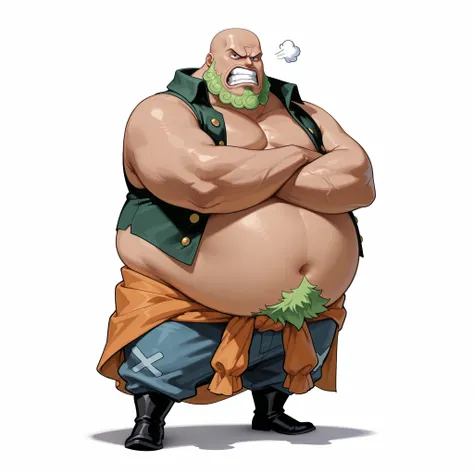 (male), (man), (bald), (short green beard), (short legs), (large arm), (Giant character), (Giant body), (very fat body), (angry face), (crossed arm pose), (solo), (single character), (full body version), (white background), (no background), (highly detaile...