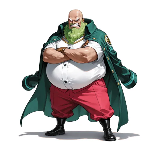 (male), (old man), (bald), (full green beard), (short legs), (large arm), (Giant character), (Giant body), (very fat body), (angry face), (crossed arm pose), (solo), (single character), (full body version), (white background), (no background), (highly deta...
