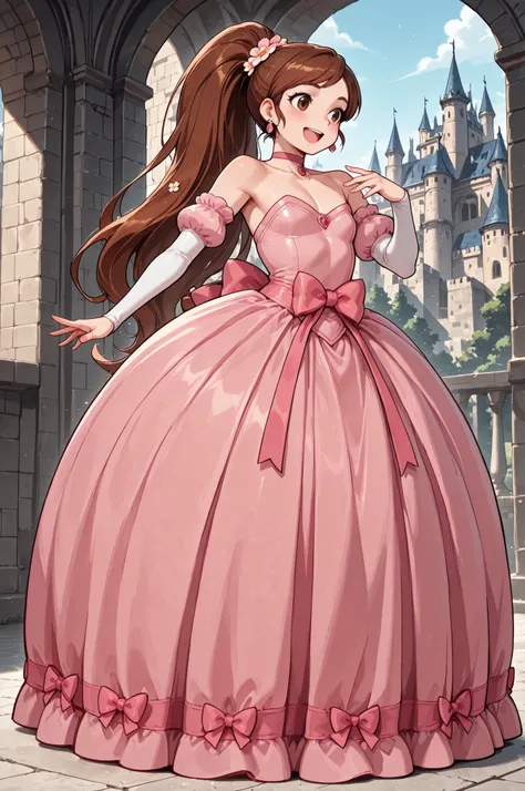 Princess Marco. brown eyes, very long hair, brown hair, ponytail. very small breasts. huge hips. slim body. choker. femboy, crossdressing,| masterpiece, best quality, Kurumi nui, onegai my melody, 1girl, solo,  choker,  dress, earrings, jewelry, hair flowe...