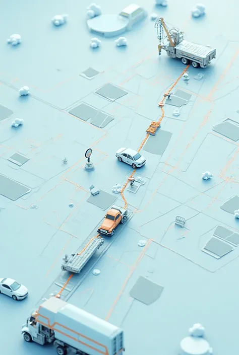 A stylized map with a magnifying glass icon following the route of a vehicle. At the end of the trail, a safe crane or trailer carrying a car, all with a discreet but efficient environment.