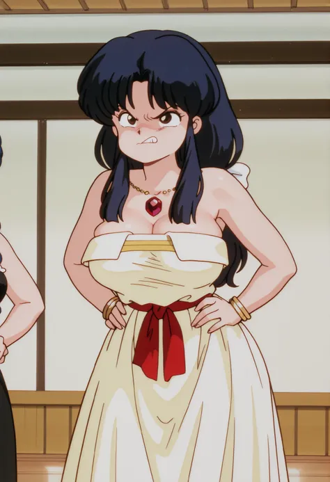 1 girl, akane tendou, dark blue hair , long hair with ponytails, wavy hair, ojos cafes, detailed eyes, Big breasts, NSFW, white dress, bare thighs, white ribbon on the hair, bow at the waist, red jewel in the neckline, long skirt, golden bracelets, Concubi...