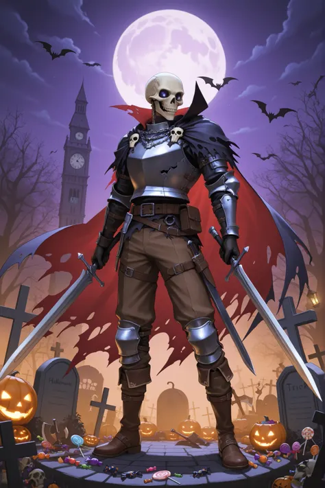 skull_head_scarecrow,Halloween,,solo, 1boy, gloves, armor, holding, standing, full_body, male_focus, weapon sword, outdoors, boots, food, sky, black_gloves, pants, belt, cloud, sword, holding_weapon, cape, armor, tree, torn_clothes, night, brown_footwear, ...