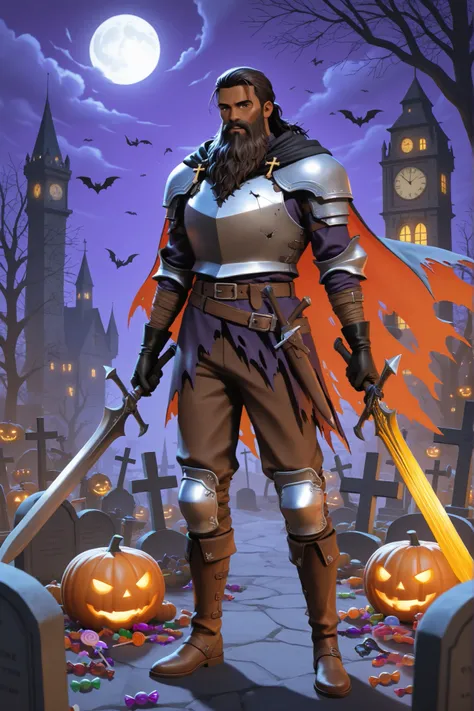  a hispanic men with long beard , brown skin tone handsome men, scarecrow,Halloween,,solo, 1boy, gloves, armor, holding, standing, full_body, male_focus, weapon sword, outdoors, boots, food, sky, black_gloves, pants, belt, cloud, sword, holding_weapon, cap...