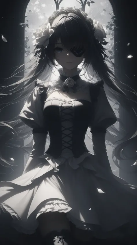 1girl , solo , Rozen Maiden , A girl covers one eye with white flowers, Like an eyepatch , tilts its head , empty eyes with murky noises , Malicious Smile , madness , cute , White Lolita Dress , white thigh high boots, Dynamic Poses , A world covered in c...