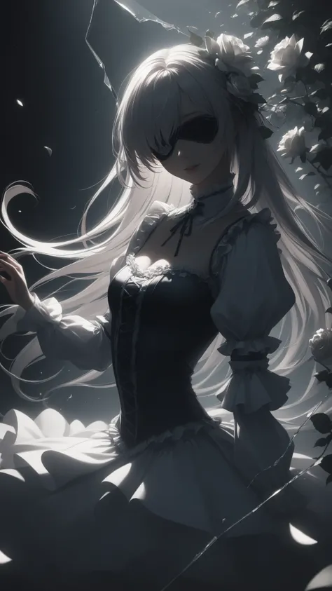 1girl , solo , Rozen Maiden , A girl covers one eye with white flowers, Like an eyepatch , tilts its head , empty eyes with murky noises , Malicious Smile , madness , cute , White Lolita Dress , white thigh high boots, Dynamic Poses , A world covered in c...